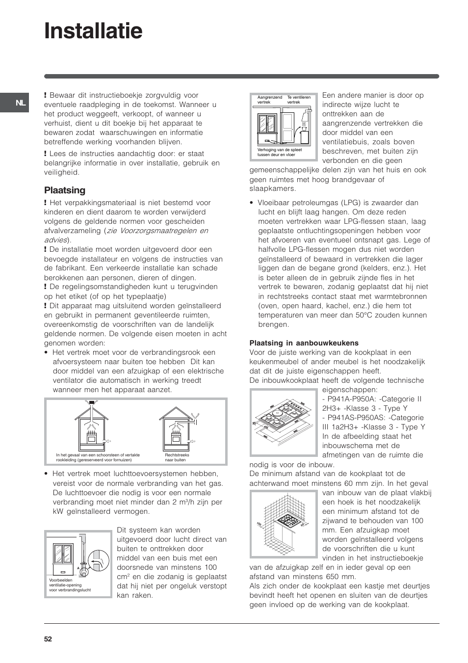 Installatie, Plaatsing | Indesit PI950ASIX User Manual | Page 52 / 60