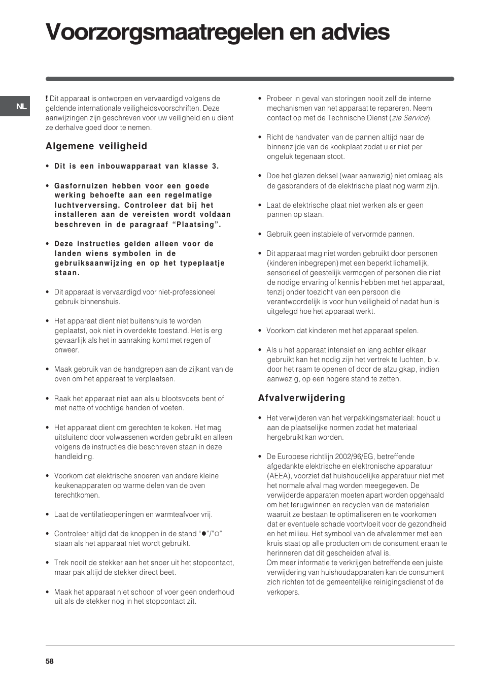 Voorzorgsmaatregelen en advies, Algemene veiligheid, Afvalverwijdering | Indesit PI950ASIX User Manual | Page 58 / 60