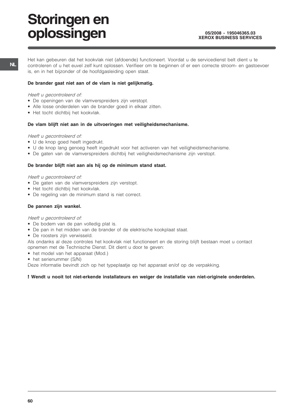 Storingen en oplossingen | Indesit PI950ASIX User Manual | Page 60 / 60