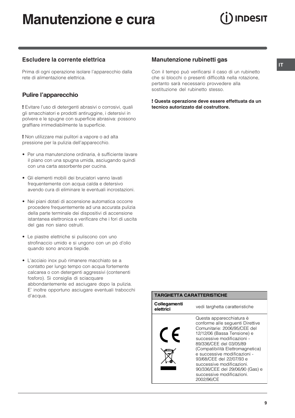 Manutenzione e cura, Escludere la corrente elettrica, Pulire lapparecchio | Manutenzione rubinetti gas | Indesit PI950ASIX User Manual | Page 9 / 60