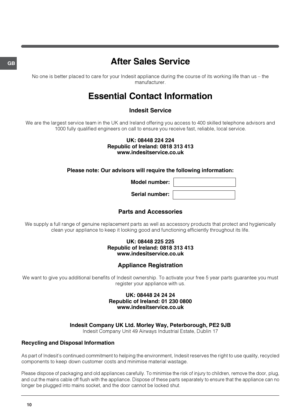 After sales service, Essential contact information | Indesit INC325AIUK User Manual | Page 10 / 12