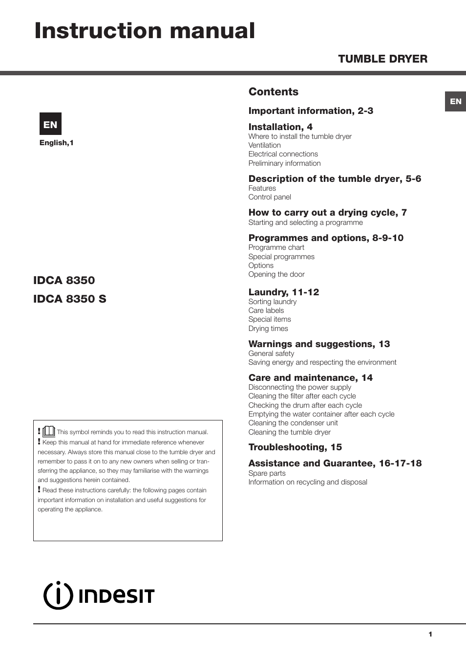 Indesit IDCA8350 User Manual | 20 pages