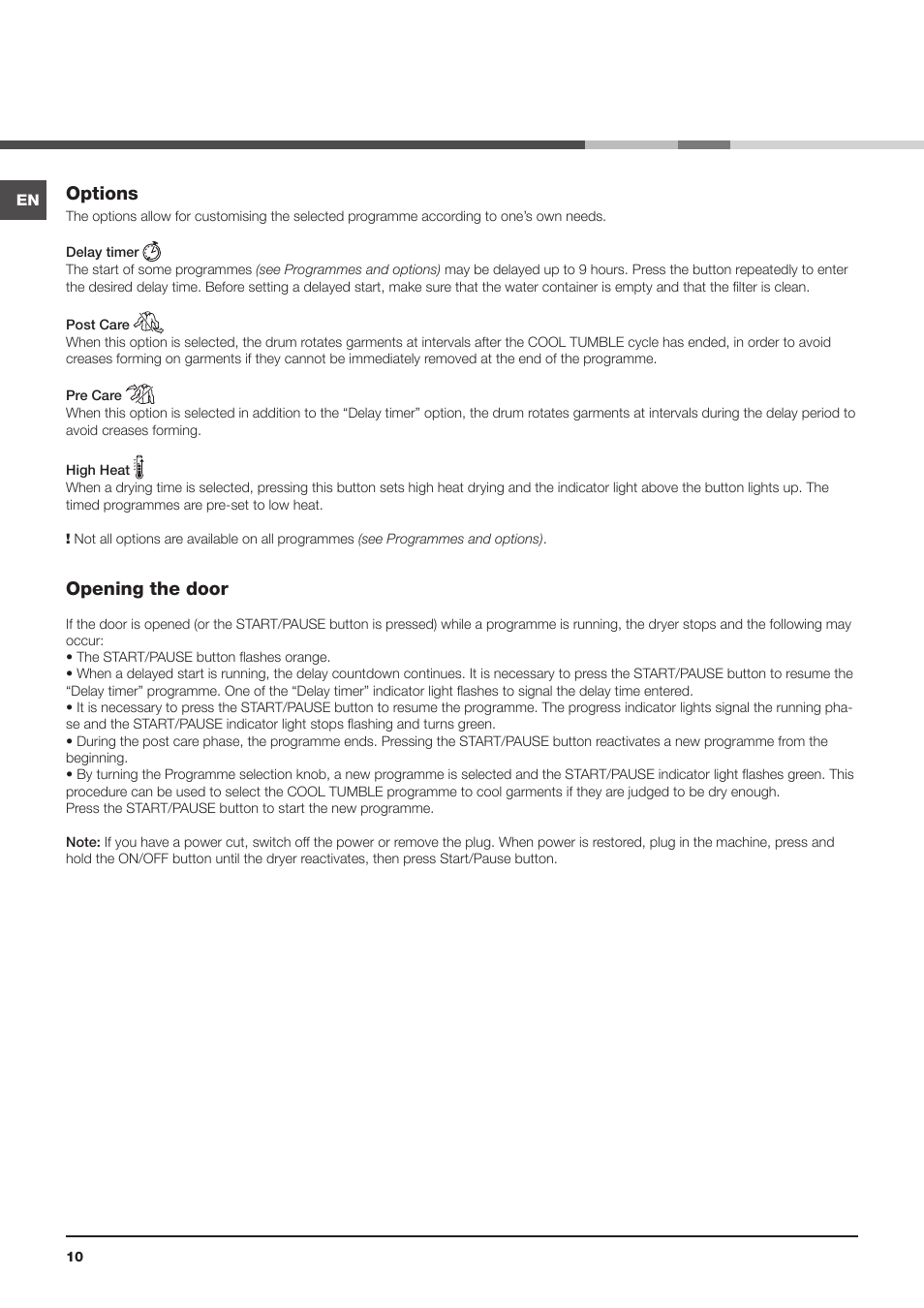 Options, Opening the door | Indesit IDCA8350 User Manual | Page 10 / 20