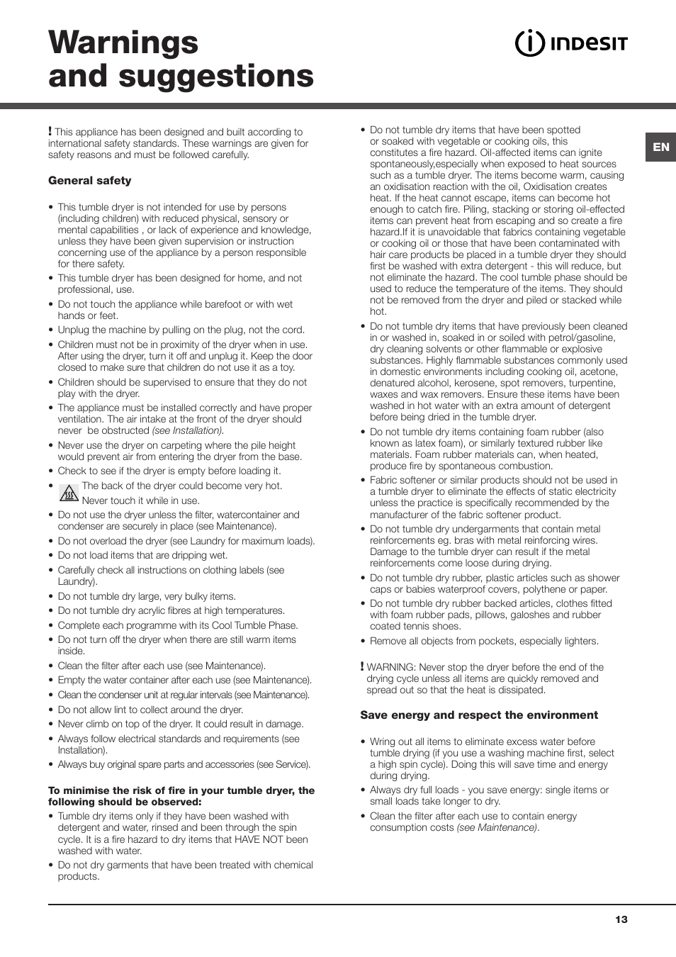 Warnings and suggestions | Indesit IDCA8350 User Manual | Page 13 / 20