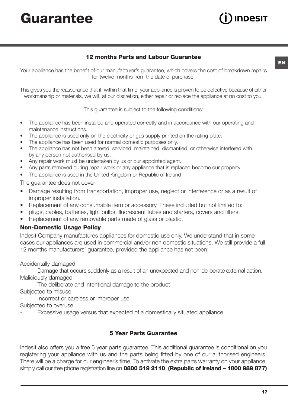 Guarantee | Indesit IDCA8350 User Manual | Page 17 / 20