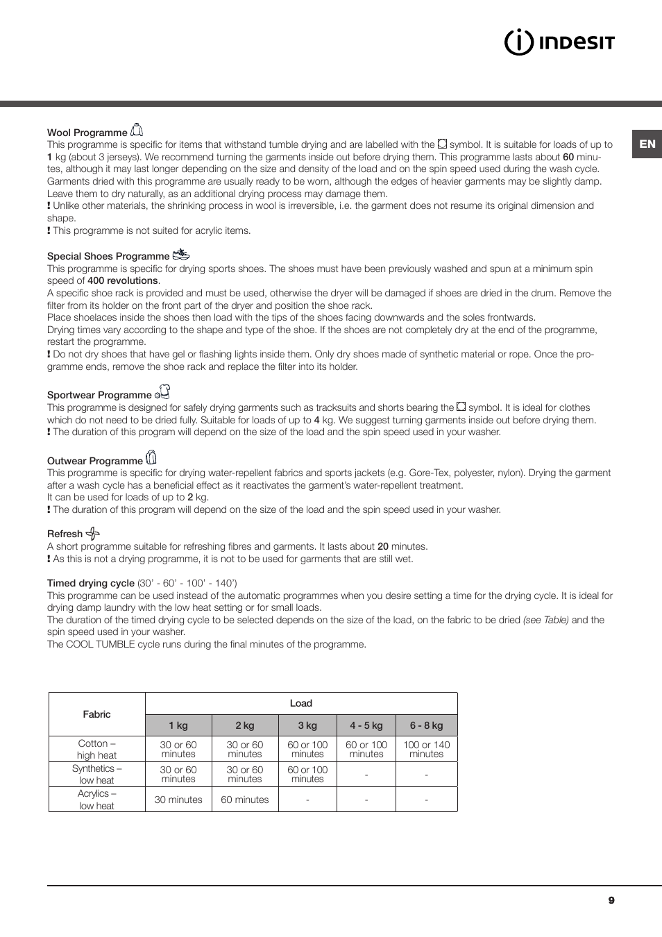 Indesit IDCA8350 User Manual | Page 9 / 20