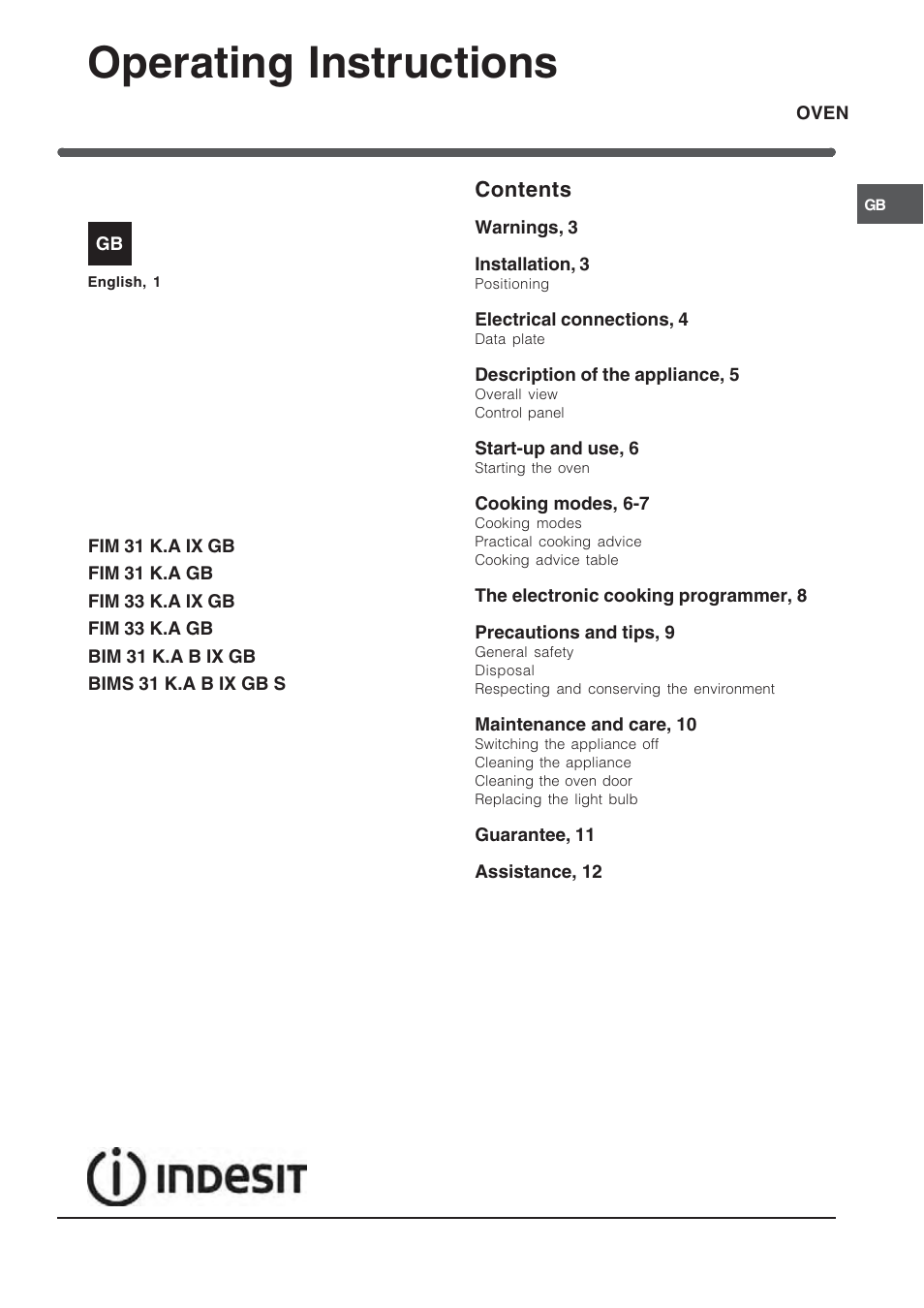 Indesit FIM33K-AWHGB from May 2012 User Manual | 12 pages