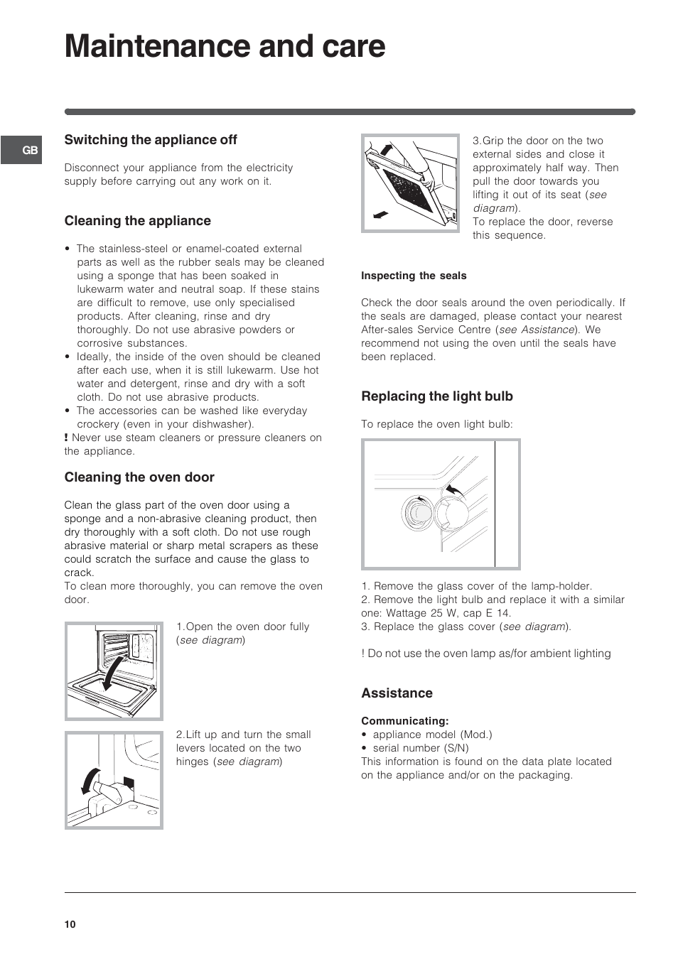 Maintenance and care | Indesit FIM33K-AWHGB from May 2012 User Manual | Page 10 / 12
