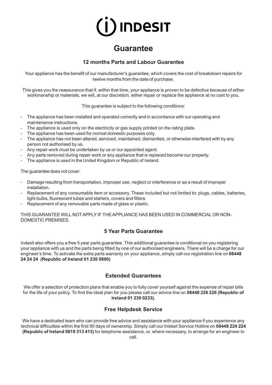Guarantee | Indesit FIM33K-AWHGB from May 2012 User Manual | Page 11 / 12