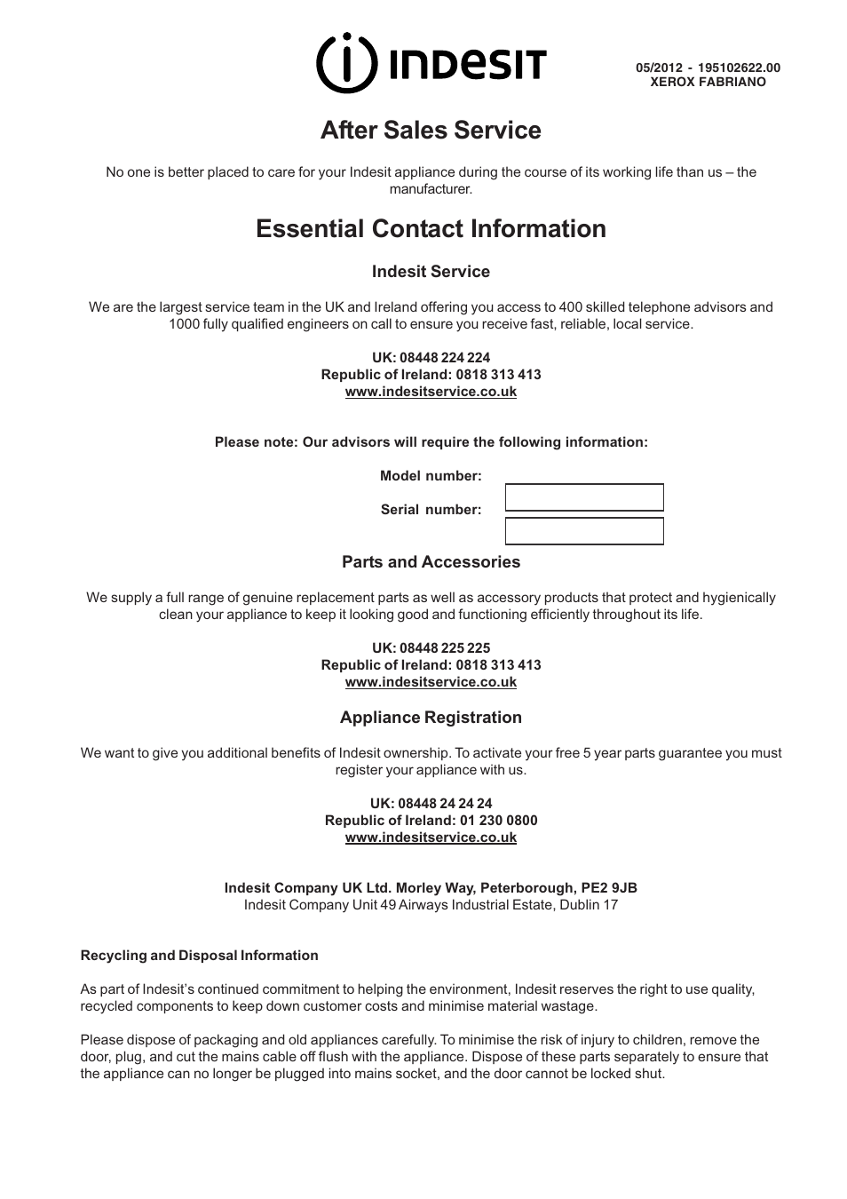 After sales service, Essential contact information | Indesit FIM33K-AWHGB from May 2012 User Manual | Page 12 / 12