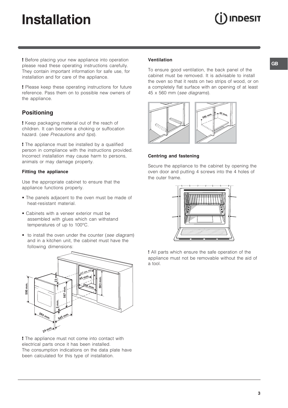 Installation, Positioning | Indesit FIM33K-AWHGB from May 2012 User Manual | Page 3 / 12