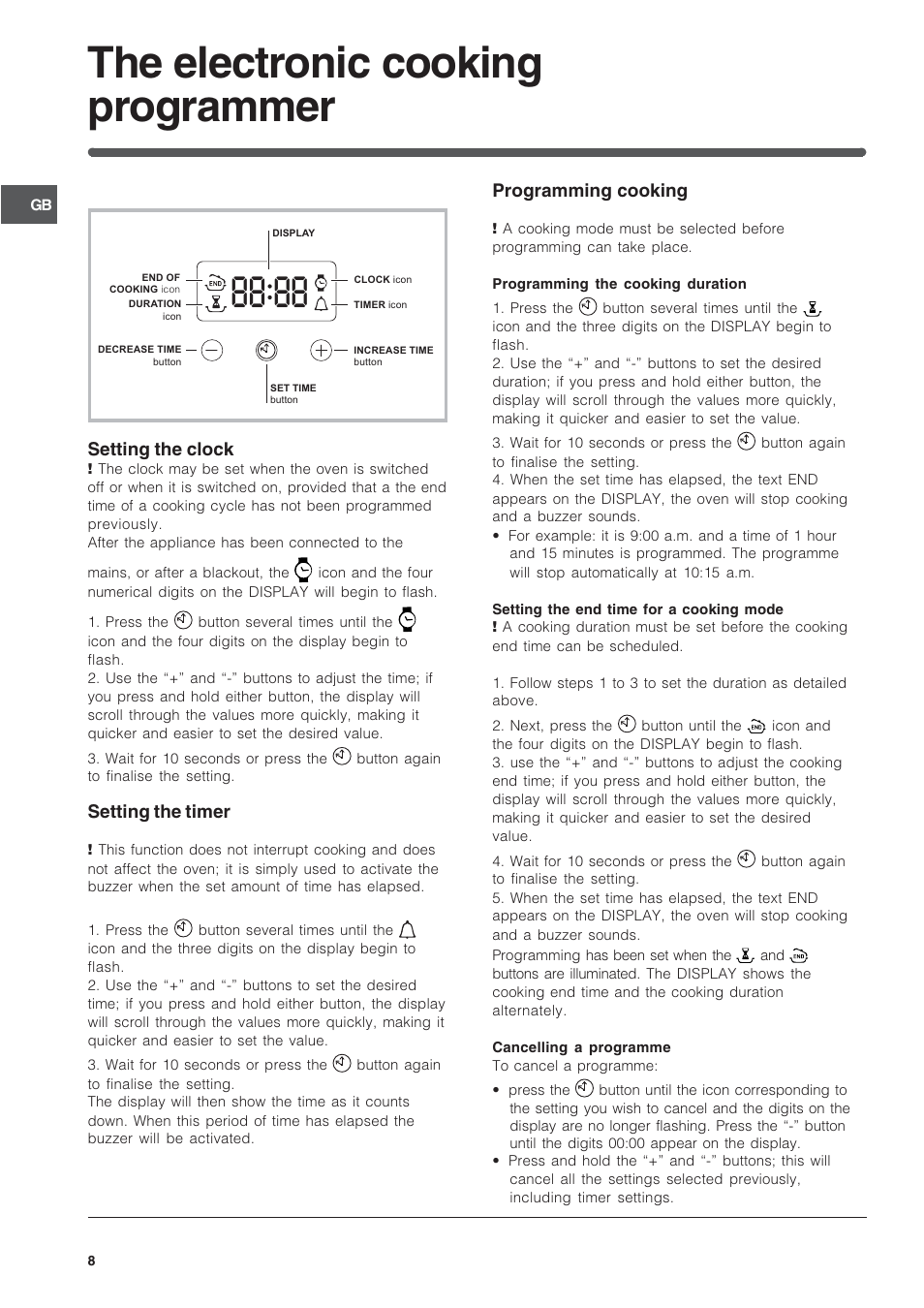 The electronic cooking programmer, Setting the clock, Setting the timer | Programming cooking | Indesit FIM33K-AWHGB from May 2012 User Manual | Page 8 / 12