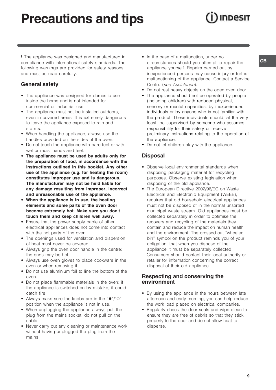 Precautions and tips | Indesit FIM33K-AWHGB from May 2012 User Manual | Page 9 / 12