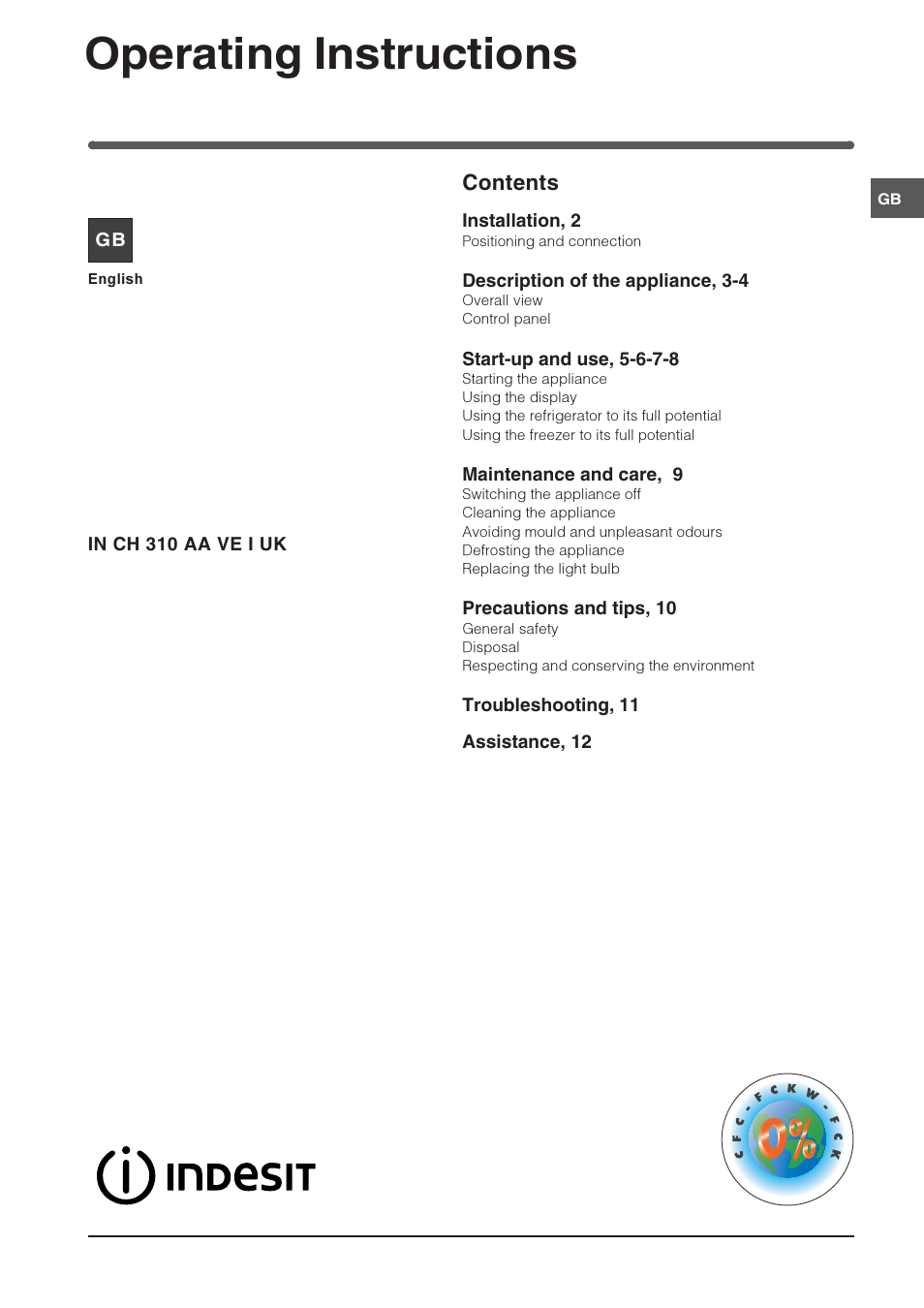 Indesit INCH310AAVEIUK User Manual | 12 pages