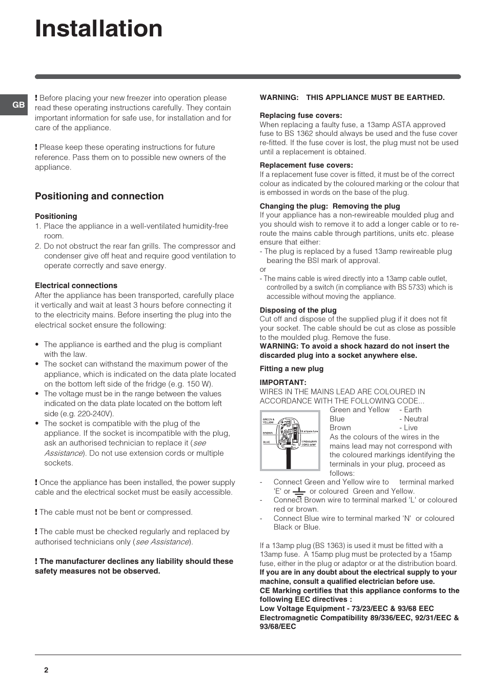 Installation, Positioning and connection | Indesit INCH310AAVEIUK User Manual | Page 2 / 12