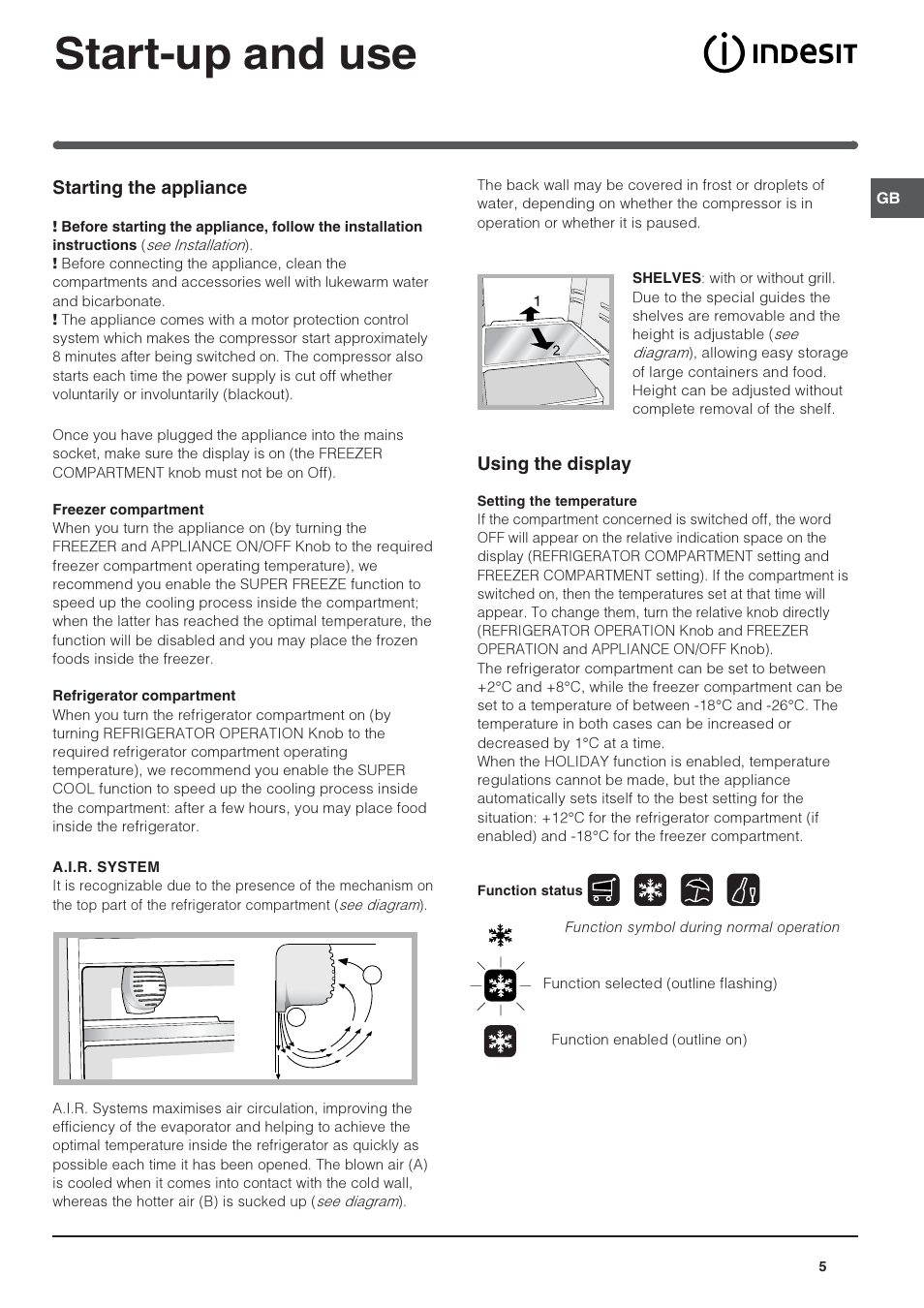 Start-up and use, Starting the appliance, Using the display | Indesit INCH310AAVEIUK User Manual | Page 5 / 12