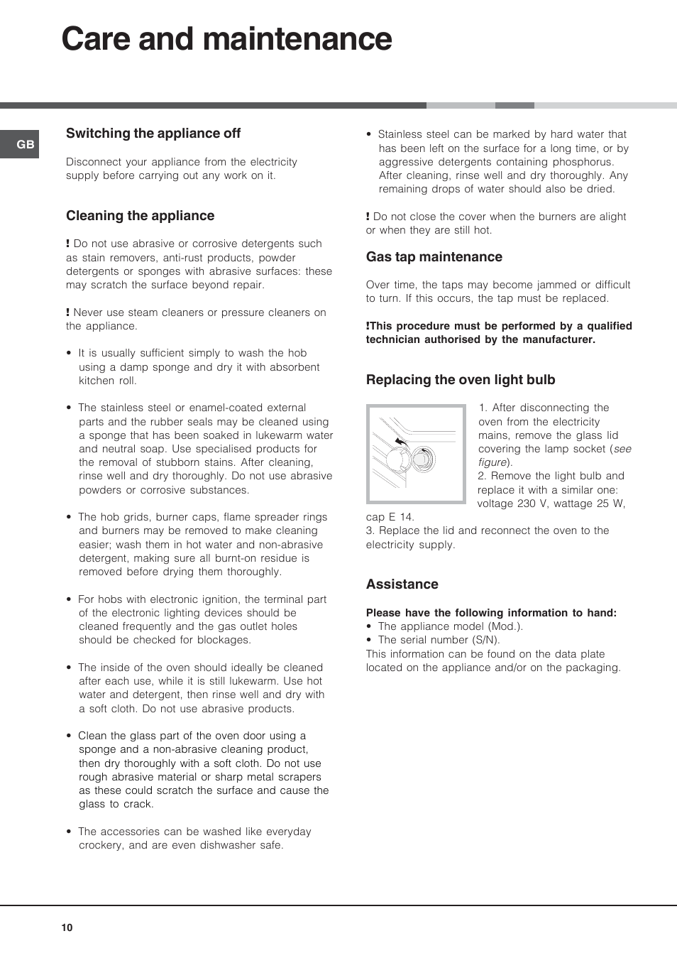 Care and maintenance | Indesit IS50EA User Manual | Page 10 / 12