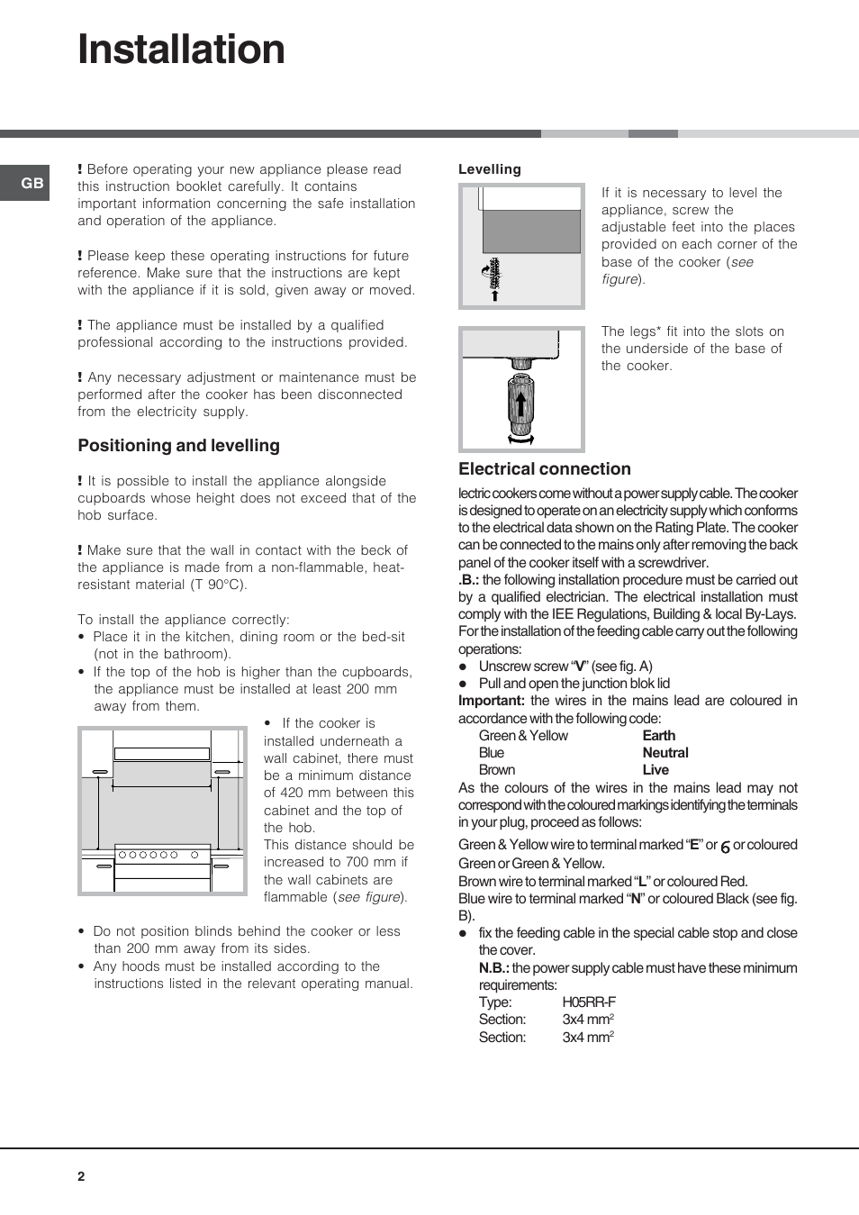 Installation, Positioning and levelling, Electrical connection | Indesit IS50EA User Manual | Page 2 / 12