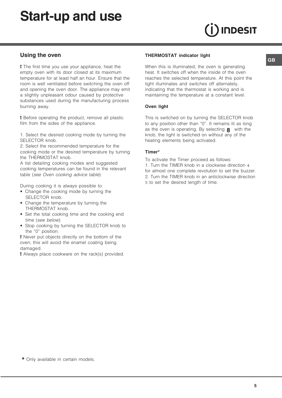 Start-up and use | Indesit IS50EA User Manual | Page 5 / 12