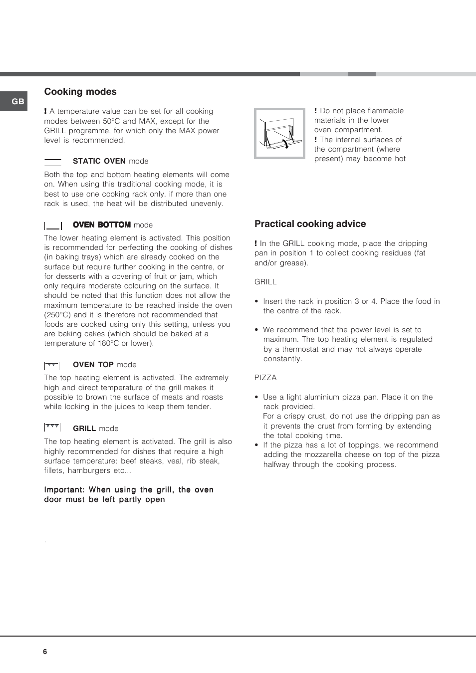 Cooking modes, Practical cooking advice | Indesit IS50EA User Manual | Page 6 / 12