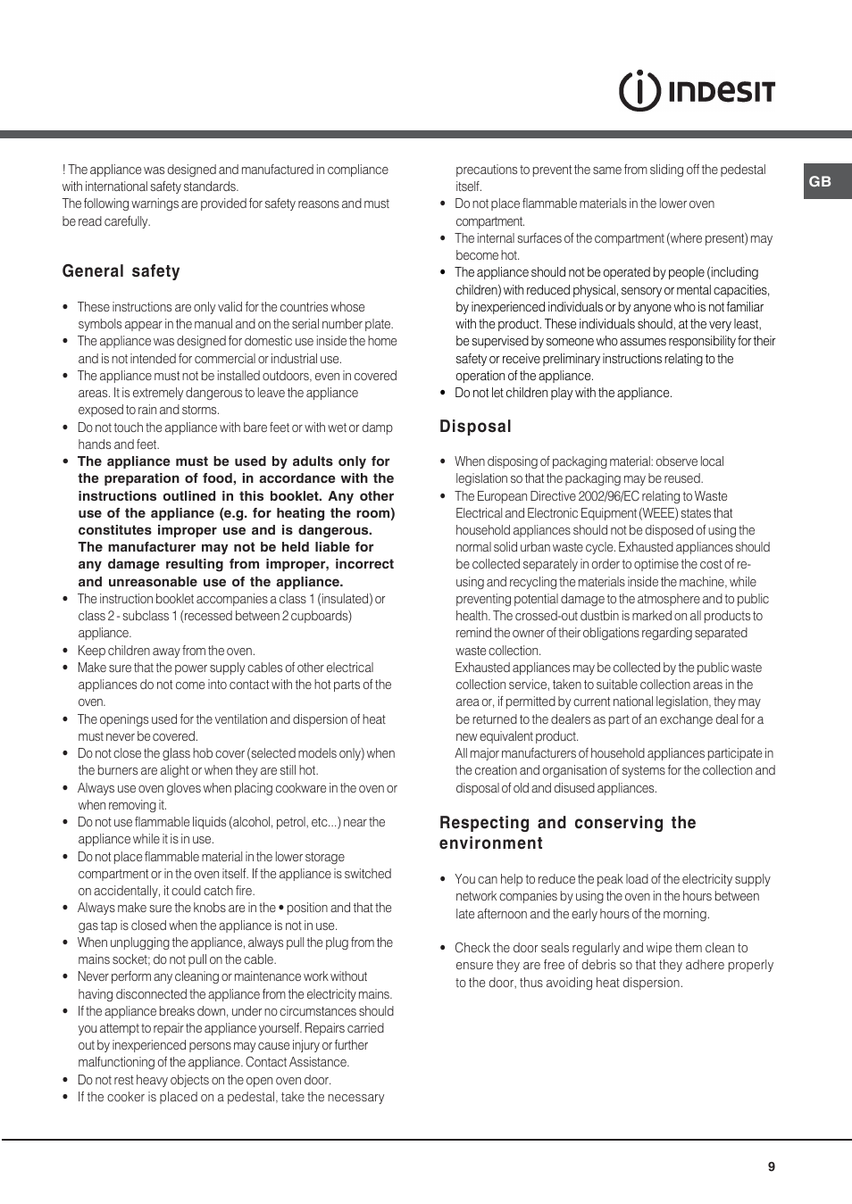 General safety, Disposal, Respecting and conserving the environment | Indesit IS50EA User Manual | Page 9 / 12