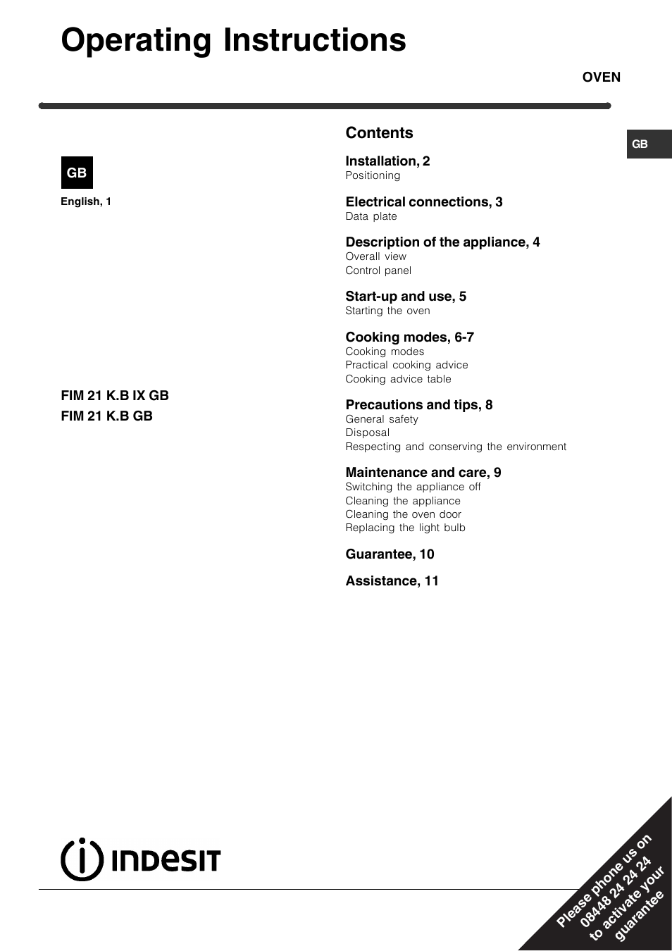Indesit FIM21K-BBKGB prior to June 2012 User Manual | 12 pages