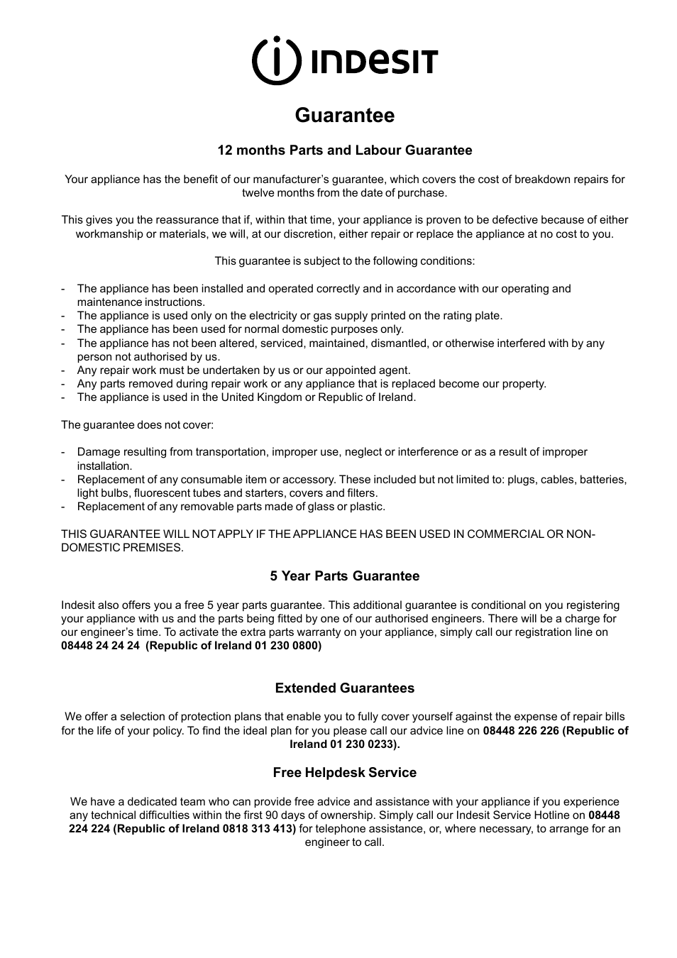 Guarantee | Indesit FIM21K-BBKGB prior to June 2012 User Manual | Page 10 / 12