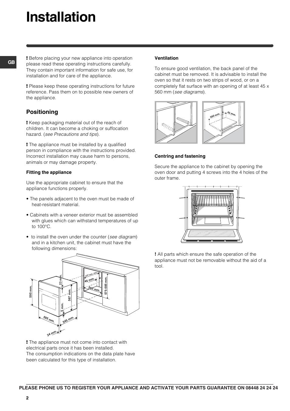 Installation, Positioning | Indesit FIM21K-BBKGB prior to June 2012 User Manual | Page 2 / 12