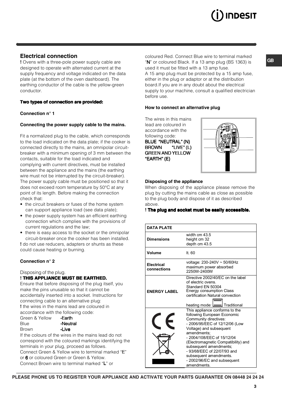 Electrical connection | Indesit FIM21K-BBKGB prior to June 2012 User Manual | Page 3 / 12