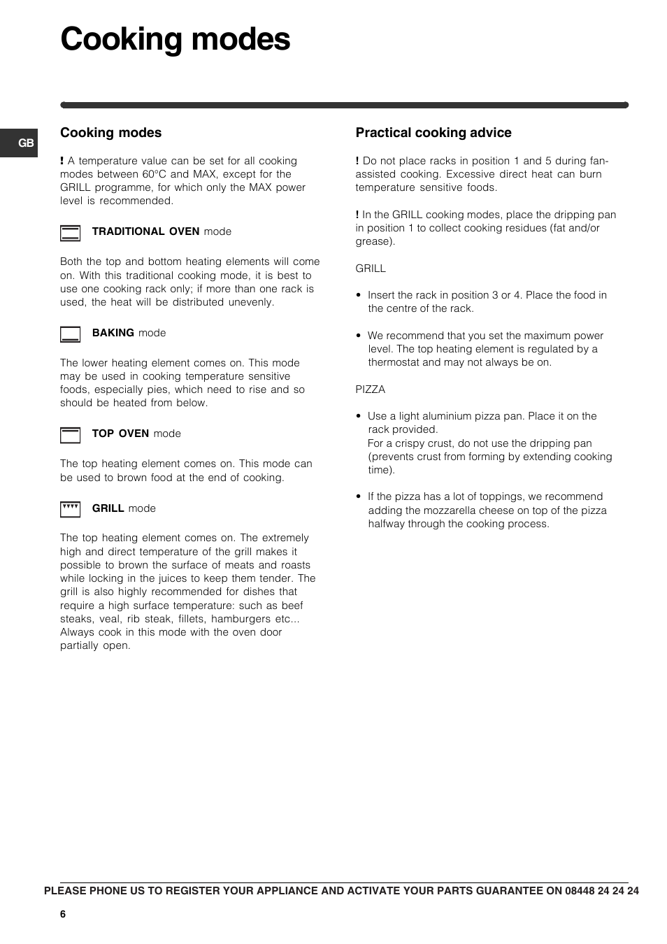 Cooking modes | Indesit FIM21K-BBKGB prior to June 2012 User Manual | Page 6 / 12