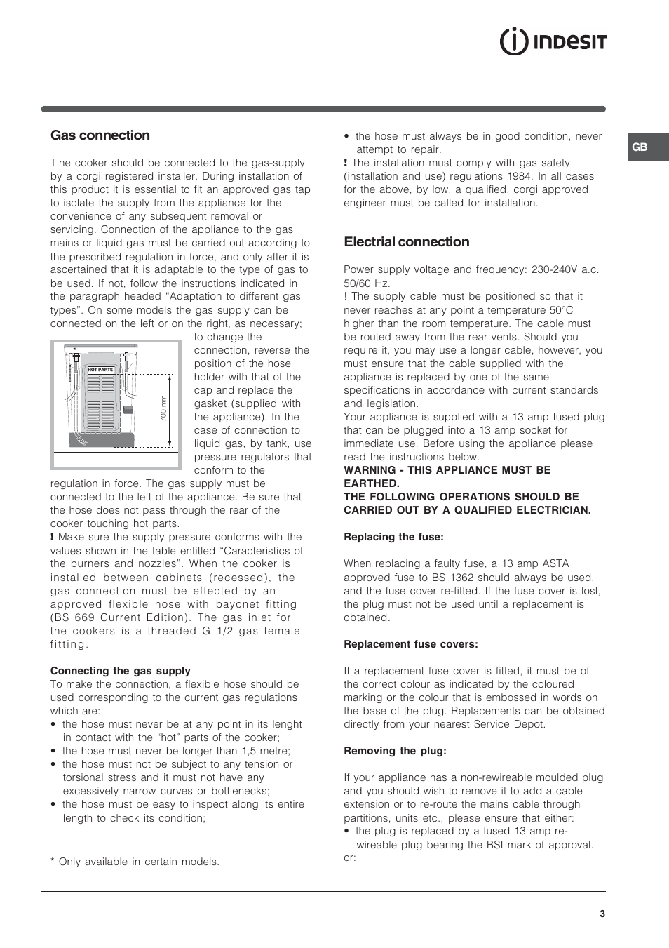 Gas connection, Electrial connection | Indesit K3G11-G User Manual | Page 3 / 12