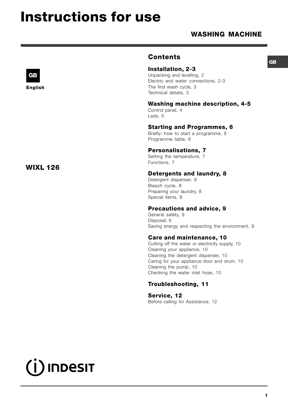 Indesit WIXL126 User Manual | 12 pages