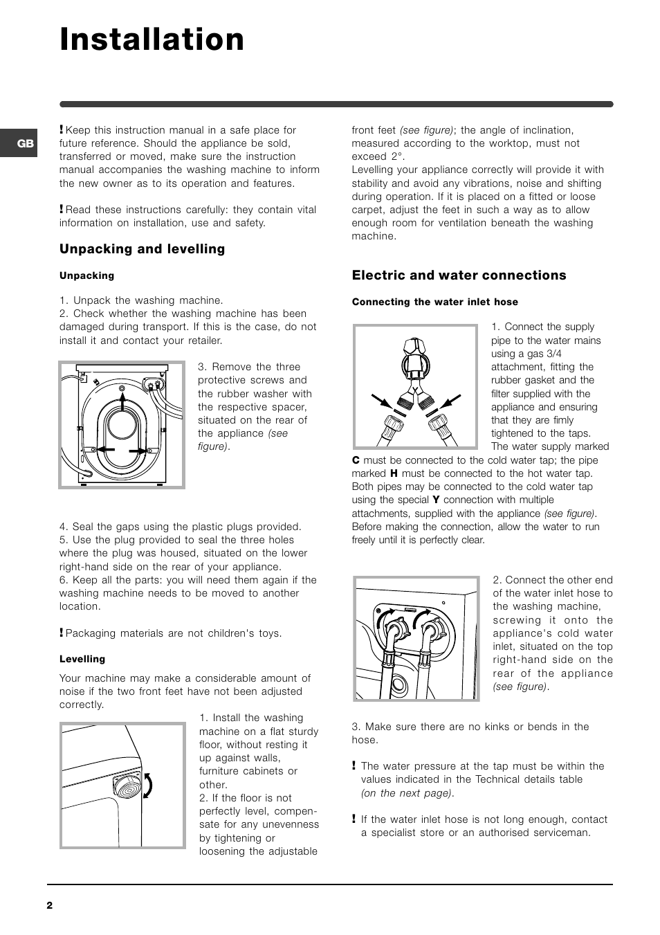 Installation, Unpacking and levelling, Electric and water connections | Indesit WIXL126 User Manual | Page 2 / 12