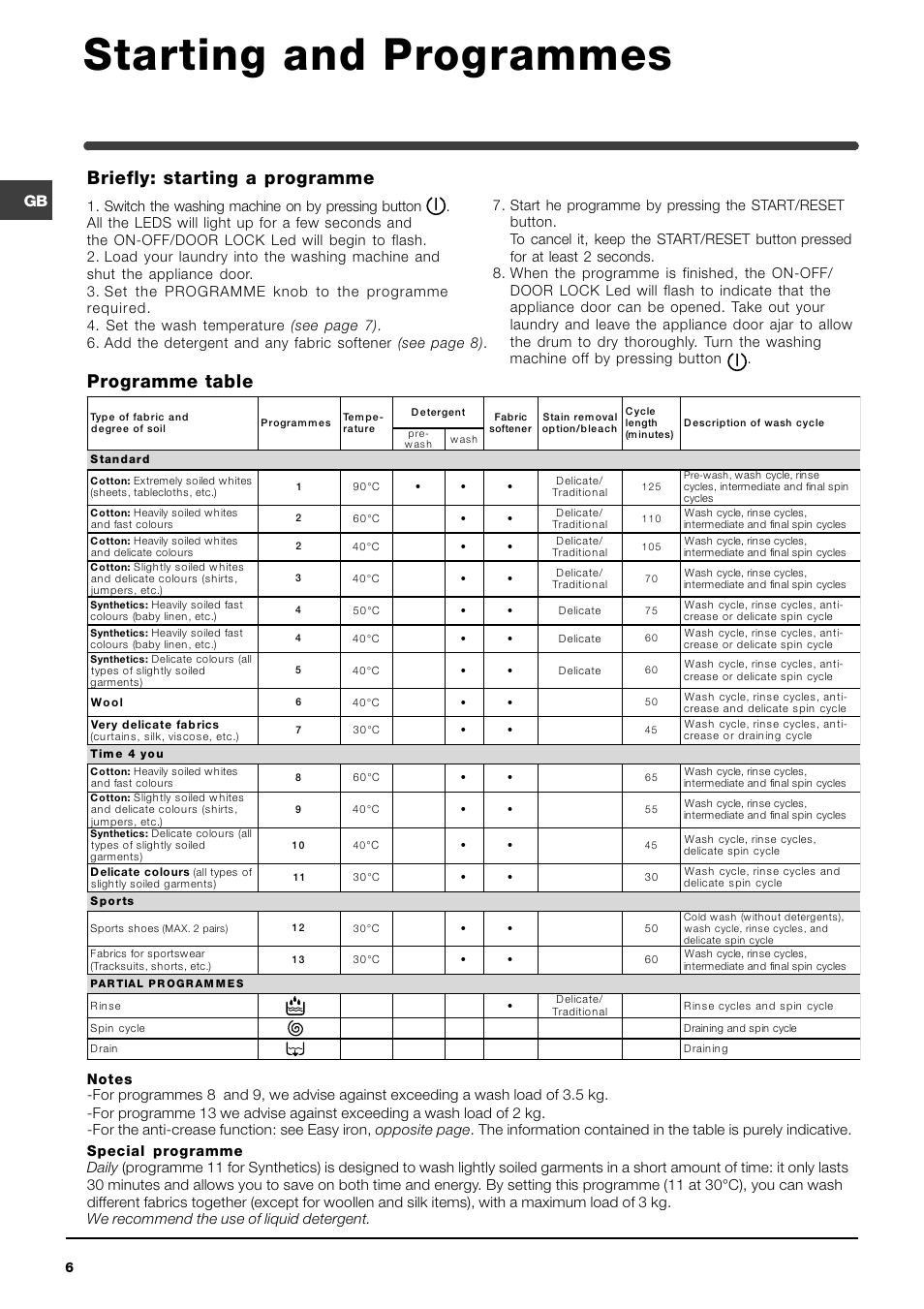 Starting and programmes, Programme table briefly: starting a programme | Indesit WIXL126 User Manual | Page 6 / 12
