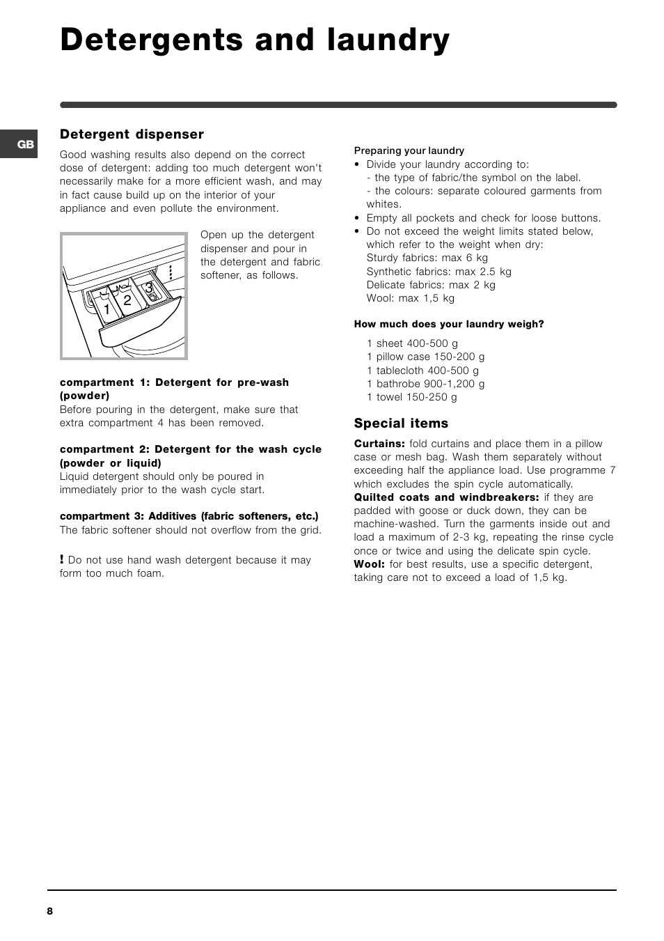 Detergents and laundry | Indesit WIXL126 User Manual | Page 8 / 12