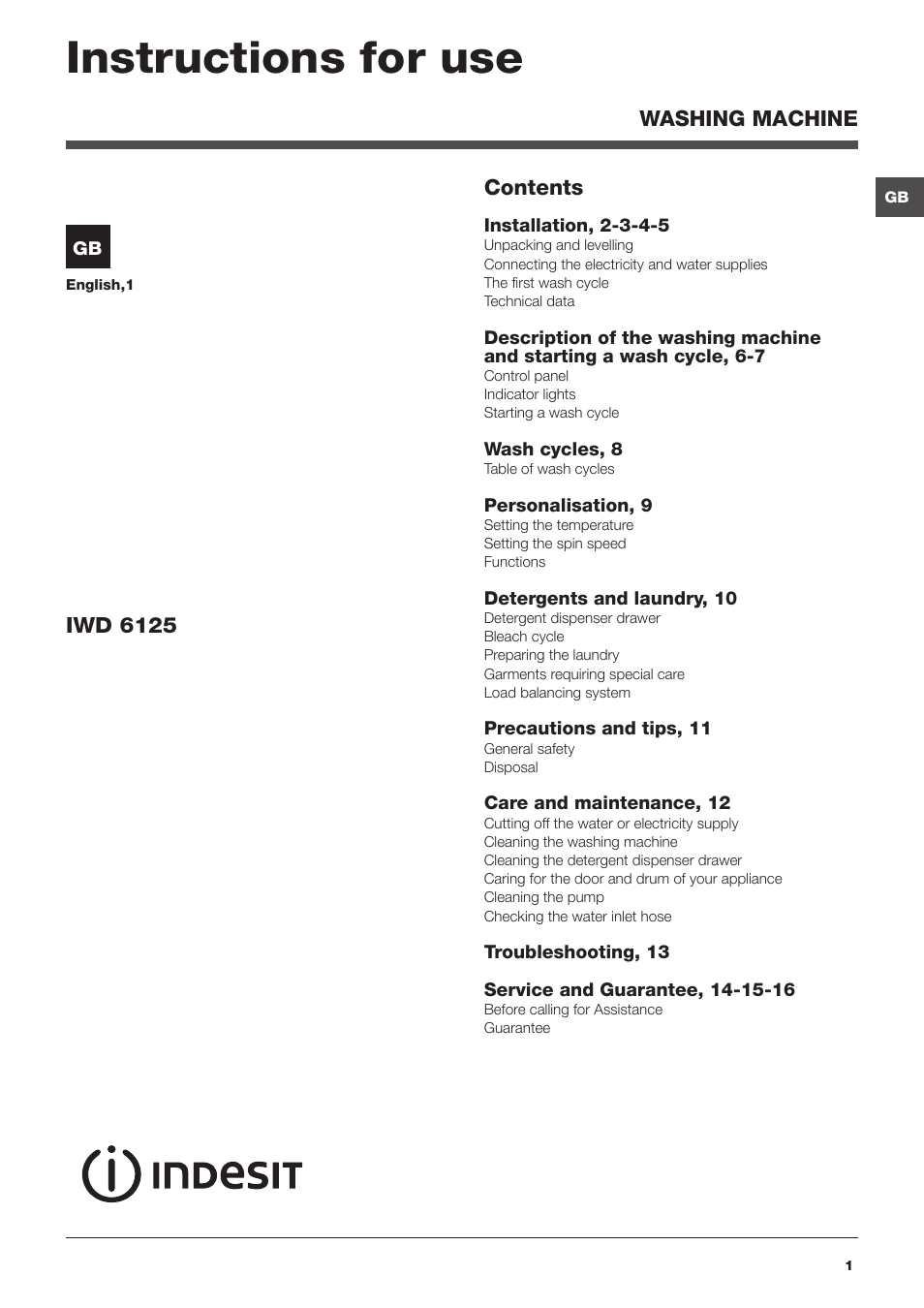 Indesit IWD6125UK User Manual | 16 pages