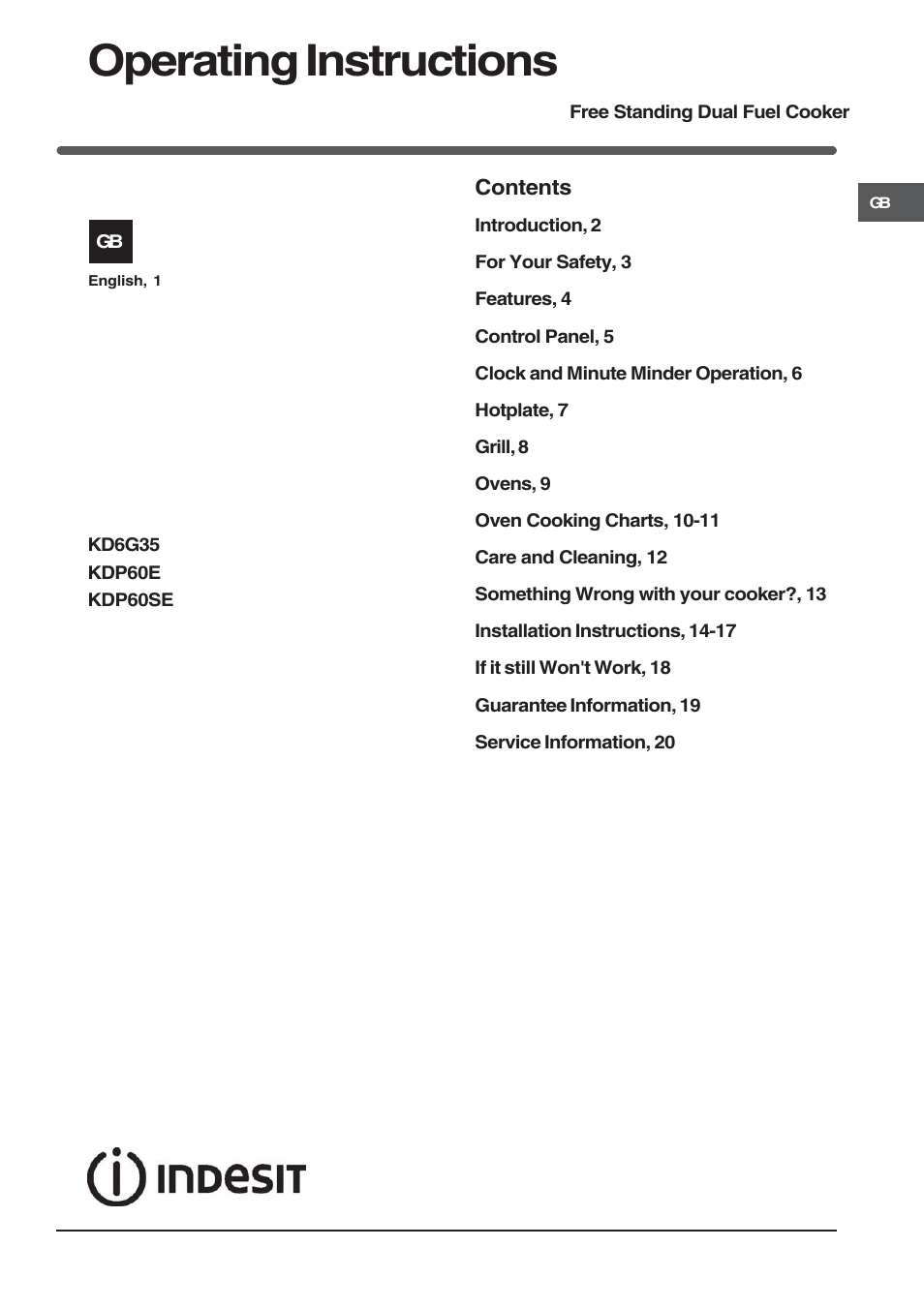 Indesit KD6G35 – Dual Fuel User Manual | 20 pages