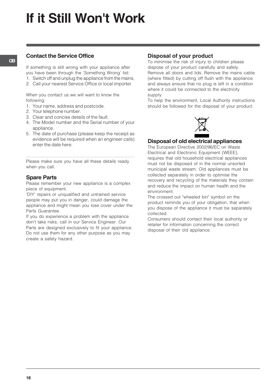 If it still won't work | Indesit KD6G35 – Dual Fuel User Manual | Page 18 / 20