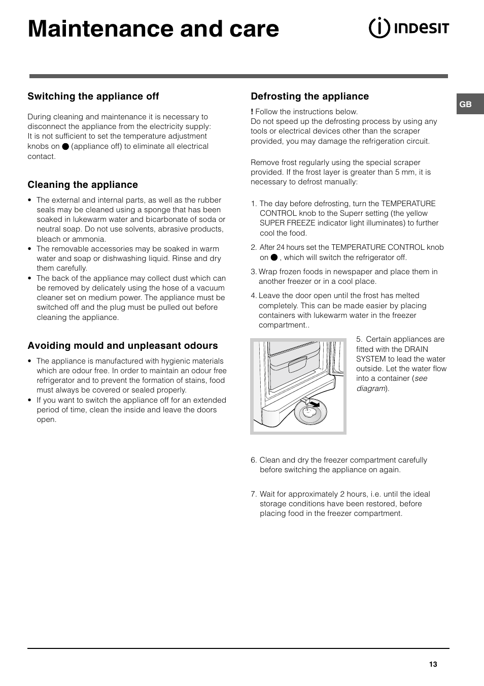 Maintenance and care | Indesit UFAN400 I GB F D NL ES P User Manual | Page 13 / 56