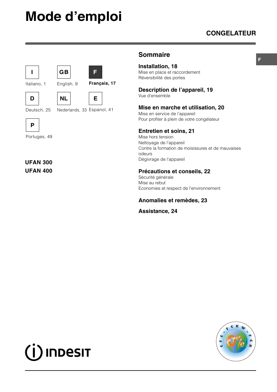 Mode demploi, Congelateur, Sommaire | Indesit UFAN400 I GB F D NL ES P User Manual | Page 17 / 56