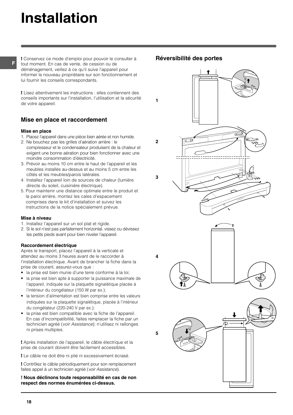 Installation, Mise en place et raccordement, Réversibilité des portes | Indesit UFAN400 I GB F D NL ES P User Manual | Page 18 / 56