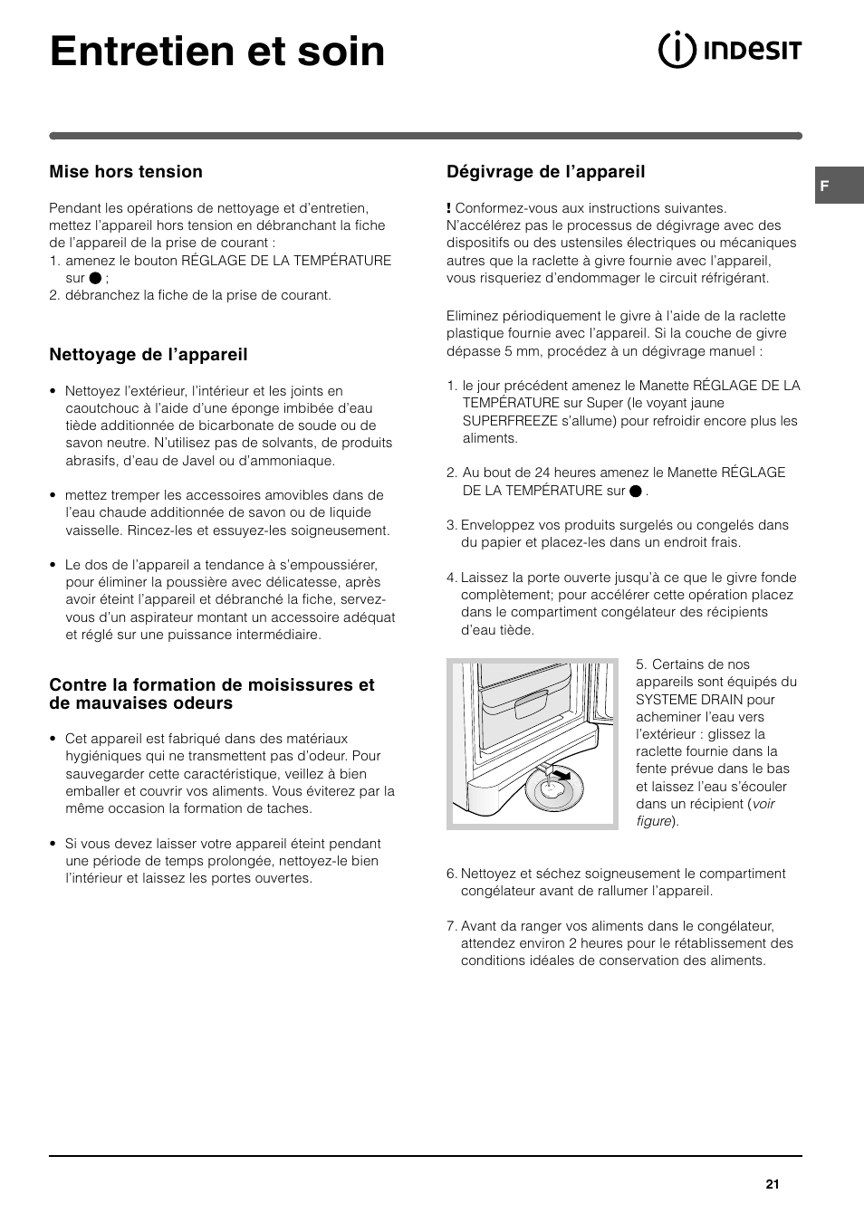 Entretien et soin | Indesit UFAN400 I GB F D NL ES P User Manual | Page 21 / 56