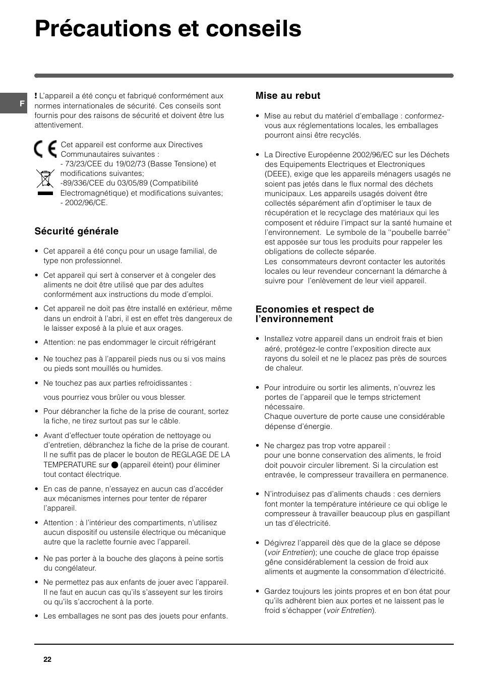 Précautions et conseils | Indesit UFAN400 I GB F D NL ES P User Manual | Page 22 / 56