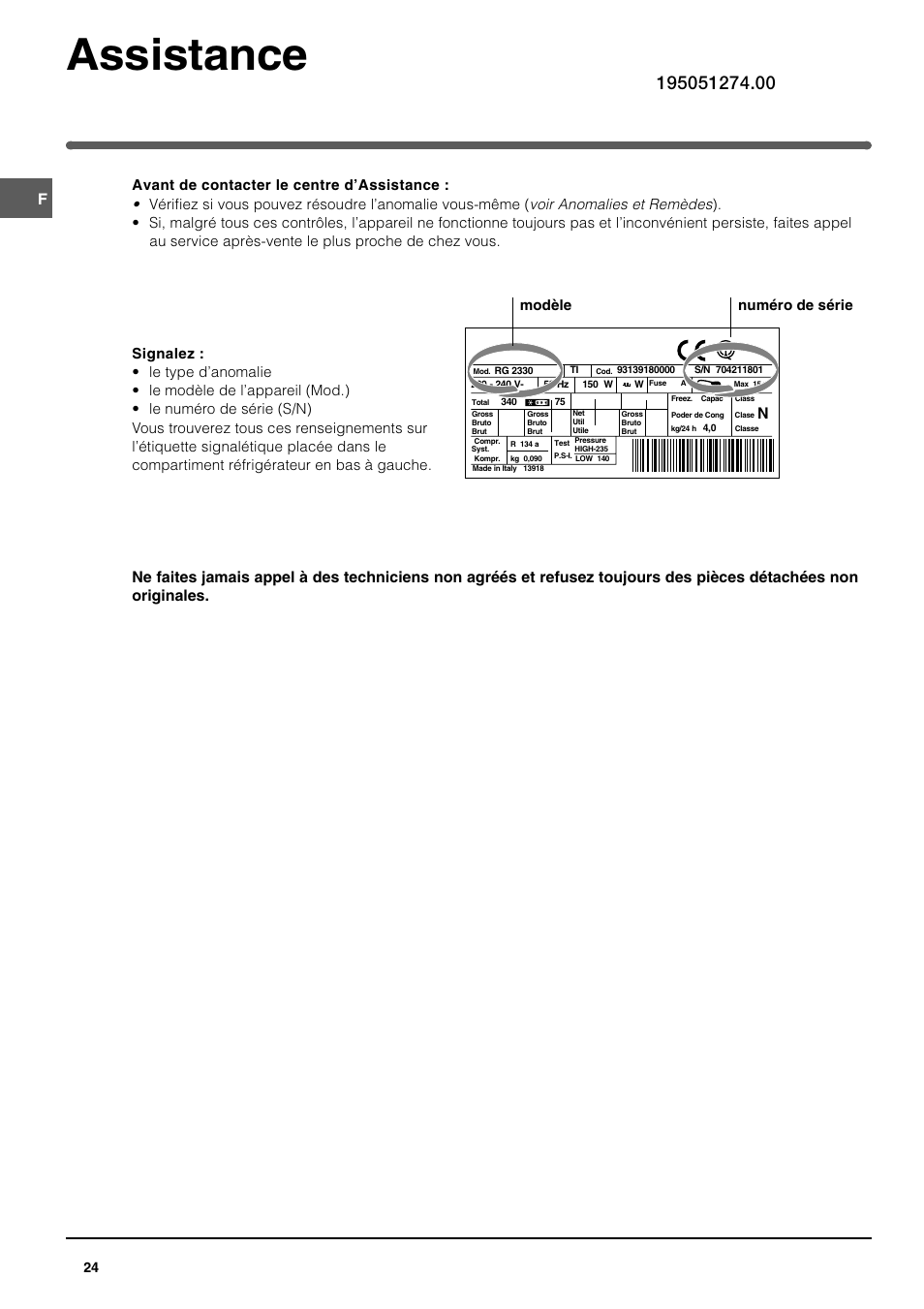 Assistance, Modèle numéro de série | Indesit UFAN400 I GB F D NL ES P User Manual | Page 24 / 56