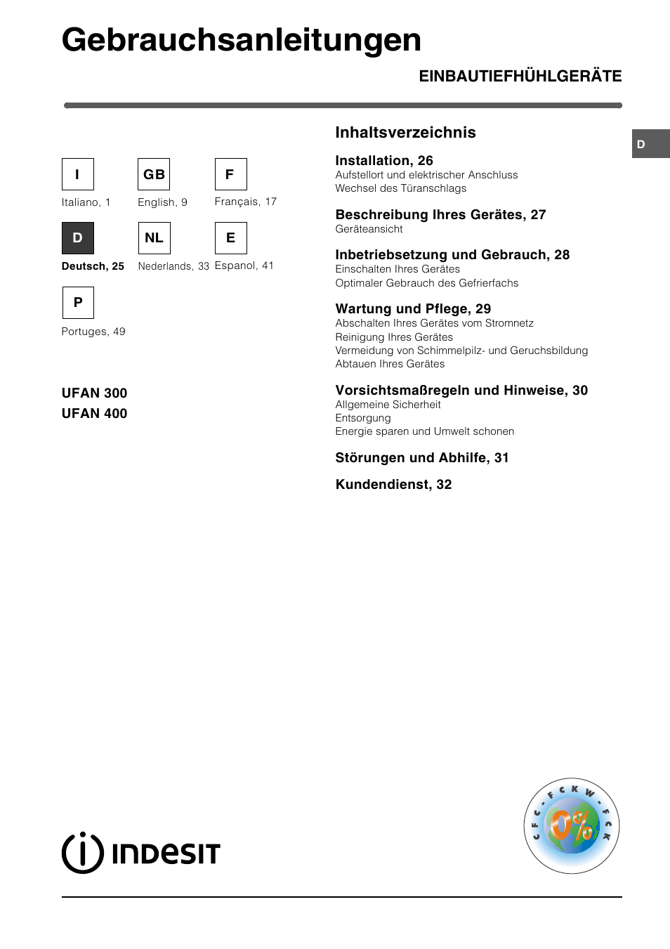 Gebrauchsanleitungen, Einbautiefhühlgeräte inhaltsverzeichnis | Indesit UFAN400 I GB F D NL ES P User Manual | Page 25 / 56