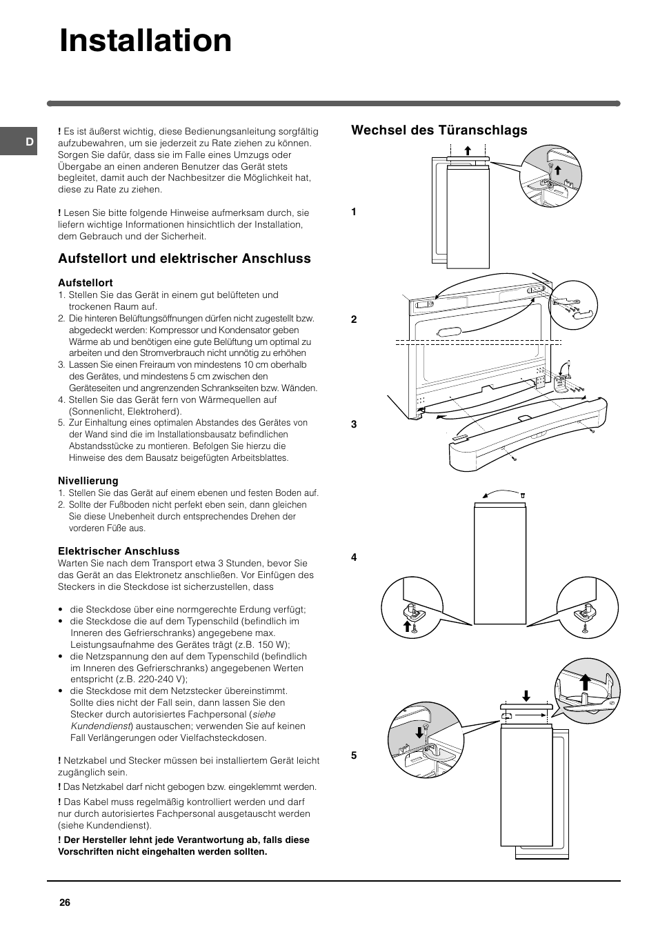 Installation, Aufstellort und elektrischer anschluss, Wechsel des türanschlags | Indesit UFAN400 I GB F D NL ES P User Manual | Page 26 / 56