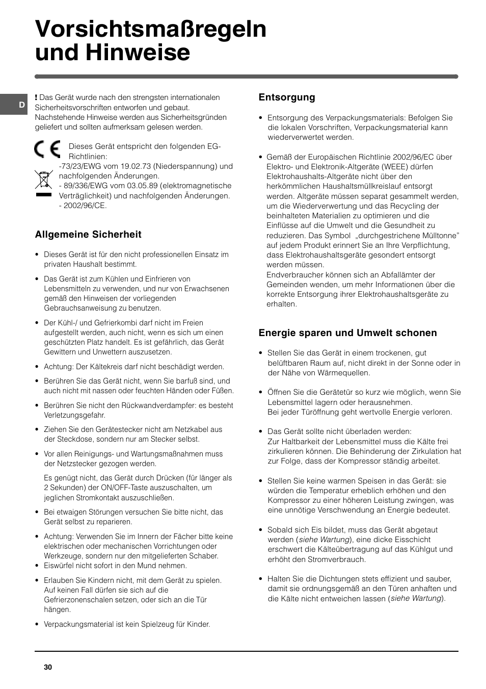 Vorsichtsmaßregeln und hinweise | Indesit UFAN400 I GB F D NL ES P User Manual | Page 30 / 56