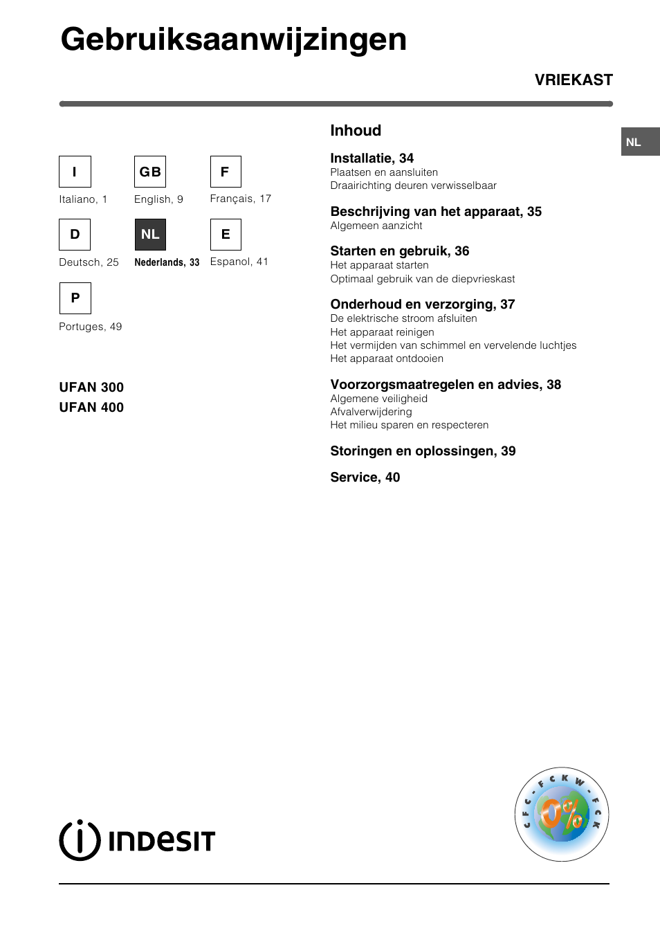 Gebruiksaanwijzingen, Vriekast inhoud | Indesit UFAN400 I GB F D NL ES P User Manual | Page 33 / 56