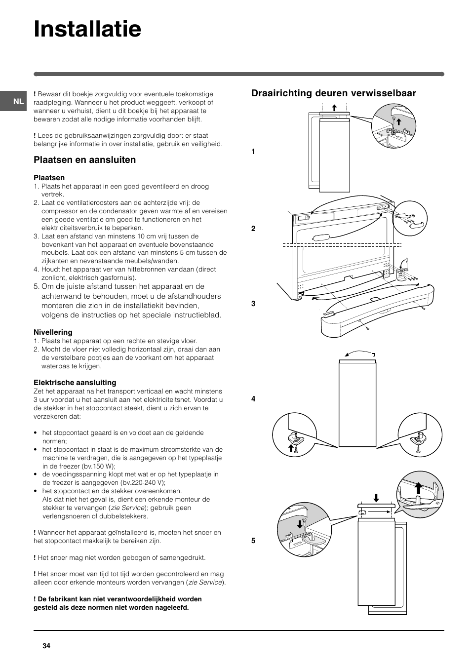 Installatie, Plaatsen en aansluiten, Draairichting deuren verwisselbaar | Indesit UFAN400 I GB F D NL ES P User Manual | Page 34 / 56
