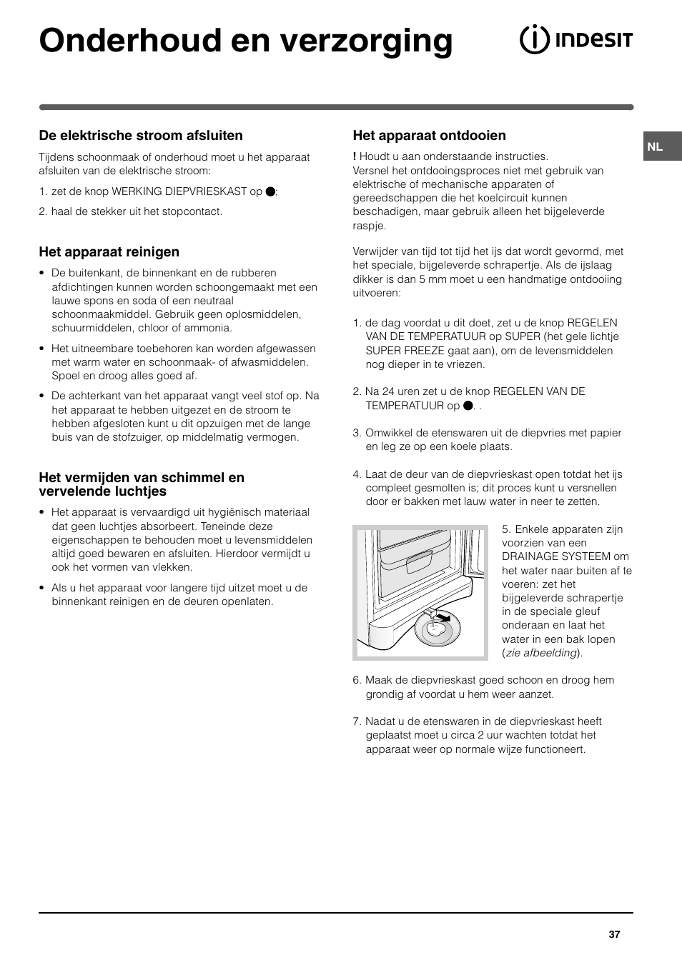 Onderhoud en verzorging | Indesit UFAN400 I GB F D NL ES P User Manual | Page 37 / 56